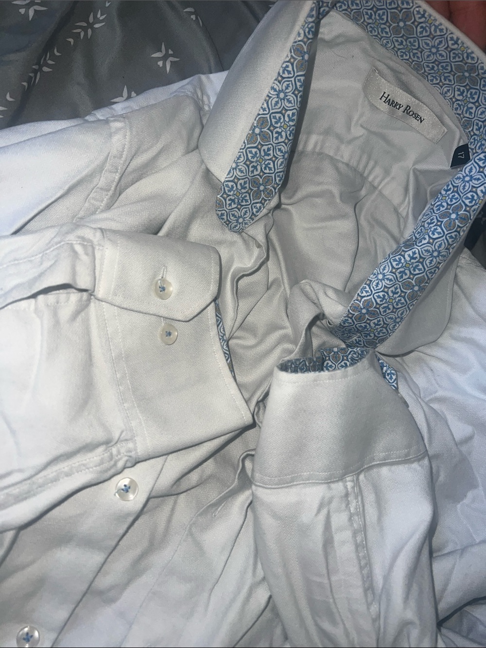 Men's White Dress Shirt with Blue Patterned Trim